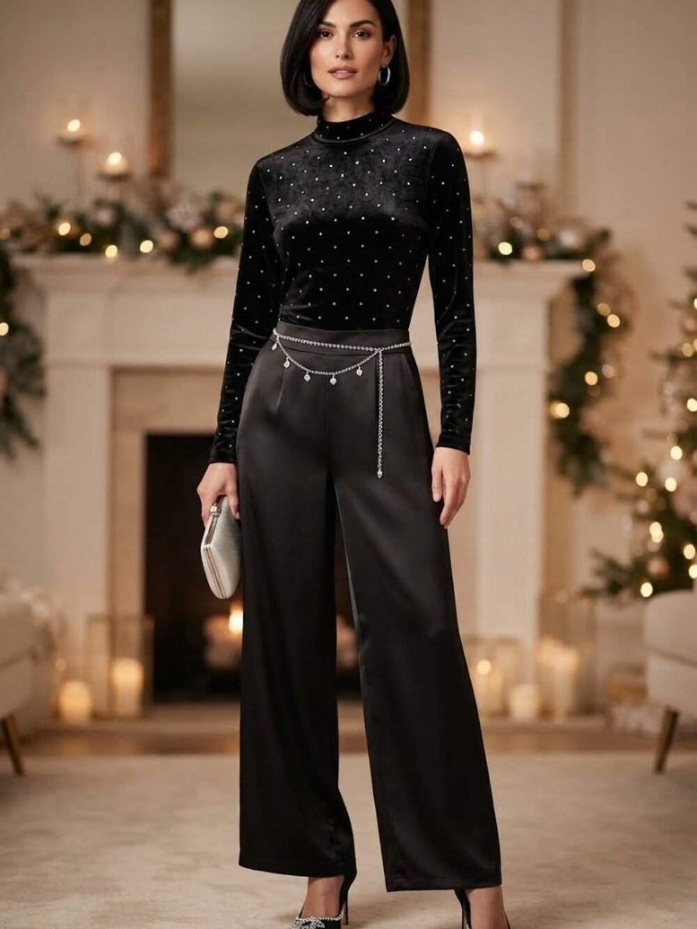 H&M Black Velvet Turtle Neck with clear crystal embellishments Size M